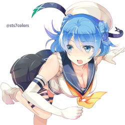 Rule 34 | 10s, 1girl, blue eyes, blue hair, breasts, cleavage, double bun, elbow gloves, gloves, hair bun, hat, kantai collection, large breasts, matching hair/eyes, miniskirt, open mouth, school uniform, serafuku, short hair, simple background, skirt, sleeves rolled up, solo, sts, thighhighs, twitter username, urakaze (kancolle), white background, white gloves, white hat, white thighhighs