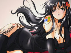 Rule 34 | 1girl, arm support, ayakaze ryuushou, bare shoulders, bed, black eyes, black gloves, black hair, black theme, black thighhighs, body writing, breasts, cleavage, dress, elbow gloves, formal, gloves, gradient background, hair ornament, head rest, large breasts, long hair, lying, on side, os-tan, side slit, solo, tattoo, thighhighs, third-party edit, wallpaper, xp-tan, zettai ryouiki