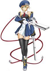 Rule 34 | 1girl, arc system works, beret, blazblue, blazblue: calamity trigger, blonde hair, blue footwear, boots, breasts, cable, cross, detached sleeves, dress, dual wielding, full body, gloves, green eyes, gun, handgun, hat, holding, mori toshimichi, necktie, noel vermillion, official art, open mouth, short dress, short hair, simple background, small breasts, solo, standing, thigh gap, thighhighs, weapon, zettai ryouiki