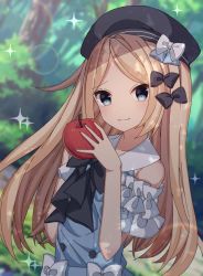 Rule 34 | 1girl, abigail williams (animejapan 2018) (fate), abigail williams (fate), absurdres, apple, bare shoulders, beret, black hat, blonde hair, blue eyes, blurry, blurry background, blush, closed mouth, collarbone, day, dress, fate/grand order, fate (series), food, fruit, hat, head tilt, highres, holding, holding food, long hair, looking at viewer, official alternate costume, outdoors, red apple, sapphire (sapphire25252), short sleeves, smile, solo, sparkle, very long hair, white dress