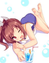 Rule 34 | 10s, 1girl, ;d, bad id, bad twitter id, bare shoulders, barefoot, blush, brown eyes, brown hair, cup, drinking glass, drinking straw, feet, glass, i-401 (kancolle), kantai collection, looking at viewer, lying, mokoke, on stomach, one-piece swimsuit, one eye closed, open mouth, personification, ponytail, school swimsuit, short hair, short ponytail, smile, solo, swimsuit, tan, toes, water, wink