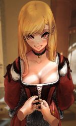 Rule 34 | 1boy, 1girl, absurdres, black choker, blonde hair, blush, breasts, choker, cleavage, corset, dress, dressing another, earrings, grin, highres, jewelry, kitagawa marin, large breasts, looking at viewer, pov, pov hands, red dress, red eyes, smile, smug, solo focus, sono bisque doll wa koi wo suru, wass nonnam