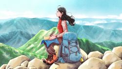 Rule 34 | 1girl, backpack, bag, bell, bento, black hair, boots, chopsticks, cloud, collared shirt, day, from side, highres, jacket, kawai chihiro, long hair, long sleeves, looking to the side, mountain, original, pants, resolution mismatch, rock, shirt, solo, source smaller, watch