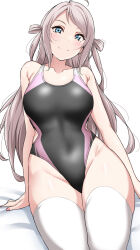 Rule 34 | 1girl, bare shoulders, black one-piece swimsuit, blue eyes, blush, breasts, closed mouth, collarbone, grey hair, highres, large breasts, long hair, love live!, love live! nijigasaki high school idol club, mole, mole under eye, one-piece swimsuit, simple background, smile, solo, swimsuit, thighhighs, white background, white thighhighs, yopparai oni, zhong lanzhu