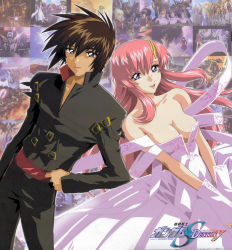 Rule 34 | 00s, blue eyes, breasts, brown hair, couple, dress, english text, gundam, gundam seed, gundam seed destiny, hand on own hip, happy, japanese text, kira yamato, lacus clyne, large breasts, logo, looking at viewer, official art, open mouth, pink hair, smile