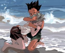 Rule 34 | 2boys, ;d, ^ ^, absurdres, beach, black eyes, black hair, closed eyes, gon freecss, highres, hunter x hunter, killua zoldyck, male focus, mito tomiko, multiple boys, one eye closed, open mouth, playing, shorts, sleeveless, smile, spiked hair, white hair