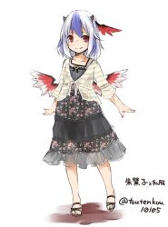 Rule 34 | 1girl, alternate costume, bird wings, black dress, blue hair, casual, contemporary, cropped jacket, dress, head wings, horns, multicolored hair, red eyes, silver hair, smile, solo, tokiko (touhou), touhou, toutenkou, two-tone hair, white background, wings