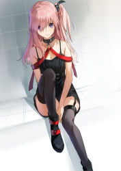 Rule 34 | 1girl, absurdres, bare arms, bare shoulders, belt, between legs, black choker, black dress, black thighhighs, boots, breasts, choker, closed mouth, convenient arm, dress, hieung, highres, knee up, long hair, looking at viewer, one side up, original, pink hair, purple eyes, short dress, sitting, sleeveless, sleeveless dress, small breasts, solo, spaghetti strap, thighhighs