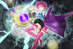 Rule 34 | 1girl, boots, breasts, cleavage, dagger, earrings, fur, harold berselius, jewelry, knife, lightning, lips, magic, one eye closed, open mouth, pink hair, purple eyes, short hair, shorts, staff, tales of (series), tales of destiny 2, thigh boots, thighhighs, weapon, wink