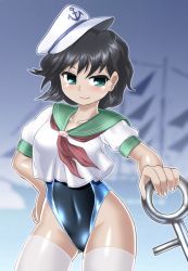 Rule 34 | 1girl, anchor, anchor symbol, black hair, black one-piece swimsuit, competition swimsuit, contrapposto, cowboy shot, gluteal fold, green eyes, green sailor collar, hat, highleg, highleg swimsuit, looking at viewer, murasa minamitsu, neckerchief, one-piece swimsuit, peaked cap, red neckerchief, sailor collar, sailor hat, sailor shirt, shirt, short hair, solo, standing, swimsuit, swimsuit under clothes, thighhighs, touhou, white hat, white shirt, white thighhighs, winn