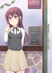 Rule 34 | 1girl, alternate costume, arm behind back, beige skirt, belt, black camisole, black ribbon, blush, brown belt, brown eyes, brown hair, camisole, camisole over clothes, casual, closed mouth, earrings, frown, glass door, hair between eyes, highres, jewelry, kantai collection, kisaragi (kancolle), long hair, long sleeves, menu, minakami mimimi, neck ribbon, outdoors, ribbon, shirt, sign, skirt, solo, white shirt
