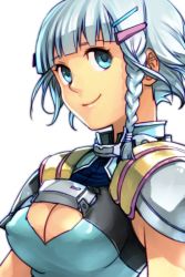 Rule 34 | 1girl, armor, blue eyes, blue hair, blunt bangs, braid, breasts, cleavage, cleavage cutout, closed mouth, clothing cutout, covered erect nipples, hair ornament, hairclip, hungry clicker, looking at viewer, medium breasts, pauldrons, seolla schweizer, short hair, shoulder armor, simple background, smile, solo, super robot wars, upper body, white background