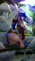 Rule 34 | 1girl, ahri (league of legends), animal ears, areola slip, arm support, armpits, ass, blue eyes, blue hair, boots, braid, breasts, c-a-t c-a-t, cleavage, closed mouth, day, detached sleeves, facial mark, fox ears, fox tail, highres, huge breasts, knee boots, korean clothes, league of legends, long hair, looking at viewer, low neckline, matching hair/eyes, multiple tails, outdoors, panties, pantyshot, plant, realistic, sitting, solo, tail, twitter username, underwear, very long hair, water, water drop, watermark, white panties
