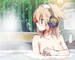 Rule 34 | 1girl, bamboo, bamboo forest, bathing, blonde hair, blush, bottle, breasts, choko (cup), collarbone, covering privates, covering breasts, cup, earmuffs, forest, glowing, lamp, looking to the side, makuwauri, medium breasts, medium hair, nature, onsen, partially submerged, plaque, solo, steam, tiles, tokkuri, touhou, towel, towel on head, toyosatomimi no miko, tray, upper body, water