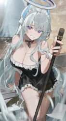 Rule 34 | 1girl, absurdres, alternate costume, arm support, black dress, blue archive, blush, book, book stack, breasts, cleavage, dress, grey hair, grin, halo, headgear, highres, holding, holding mop, large breasts, long hair, looking at viewer, maid headdress, mop, noa (blue archive), purple eyes, renn 01, scrunchie, smile, solo, strapless, strapless dress, thighhighs, very long hair, white thighhighs, wrist scrunchie