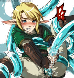 Rule 34 | !, !!, akirunyang, anal, blonde hair, blue eyes, blush, fingerless gloves, forced, gloves, holding legs, link, lowres, male focus, male penetrated, morpha, nintendo, pointy ears, rape, slime on male, spread legs, tears, tentacles, tentacles on male, the legend of zelda, torn clothes, trembling