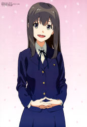 Rule 34 | 10s, 1girl, absurdres, brown hair, green eyes, highres, kojima hirokazu, long hair, megami magazine, non-web source, official art, open mouth, own hands together, petals, school uniform, shimada mayu, simple background, solo, wake up girls!