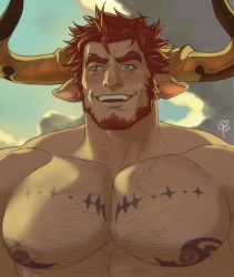 Rule 34 | 1boy, agielba, animal ears, bara, beard, blush, chest hair, close-up, dogandclover, draph, facial hair, granblue fantasy, green eyes, highres, horns, large pectorals, male focus, manly, muscular, nipples, pectorals, red hair, topless male, smile, solo, tattoo, upper body