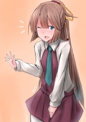 Rule 34 | 1girl, blue eyes, blush, brown hair, hair between eyes, hair ornament, hair ribbon, hand up, highres, kamaboko senshi, kantai collection, kazagumo (kancolle), long hair, looking at viewer, necktie, one-hour drawing challenge, one eye closed, open mouth, ponytail, ribbon, simple background, skirt, upper body