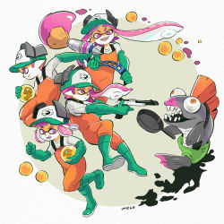 Rule 34 | 1boy, 3girls, baseball cap, blunt bangs, boots, closed mouth, commentary request, fangs, frown, gloves, golden egg, green footwear, green gloves, green headwear, hat, highres, holding, inkling, inkling boy, inkling girl, inkling player character, leaning back, long hair, long sleeves, meco, multiple girls, nintendo, open mouth, orange overalls, overalls, pink eyes, pink hair, pointy ears, print headwear, rubber boots, rubber gloves, running, salmon run (splatoon), salmonid, shirt, short hair, skindentation, smile, splatoon (series), splatoon 2, standing, tentacle hair, white shirt