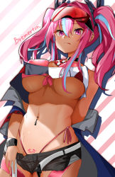 Rule 34 | 1girl, absurdres, alternate hair color, azur lane, bare shoulders, bikini, bikini under clothes, black shorts, blouse, blue hair, blue jacket, bow, breasts, bremerton (azur lane), character name, cleavage, clothes pull, commentary request, covered erect nipples, cowboy shot, crop top, crop top overhang, from below, grey shirt, hair between eyes, hair bow, hair ornament, hairclip, heart, heart tattoo, highleg, highleg bikini, highres, jacket, large breasts, light blue hair, long hair, looking at viewer, looking down, midriff, multicolored hair, navel, navel piercing, no mole, pants, pants pull, piercing, pink bikini, pink hair, pubic tattoo, pulling own clothes, red-tinted eyewear, shirt, short shorts, shorts, solo, streaked hair, swimsuit, tattoo, tinted eyewear, twintails, two-tone hair, umashio, underboob, x hair ornament