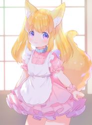 Rule 34 | 1girl, animal ear fluff, animal ears, apron, backlighting, blonde hair, blush, collar, commentary request, cowboy shot, dress, fox ears, fox tail, frilled dress, frills, highres, long hair, mutou mato, original, pink dress, pink eyes, short sleeves, smile, solo, tail, twintails, white apron, window, wrist cuffs