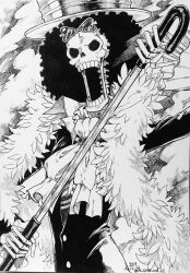 Rule 34 | 1boy, afro, ascot, brook (one piece), commentary request, dated, eyewear on head, feather boa, greyscale, hat, highres, holding, holding sword, holding weapon, long sleeves, looking ahead, male focus, monochrome, nakumonaga uma, one piece, open mouth, skeleton, smoke, solo, sword, twitter username, weapon