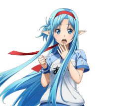 Rule 34 | 1girl, asuna (sao-alo), blue eyes, blue hair, character name, covering own mouth, floating hair, gym uniform, hand over own mouth, headband, long hair, open mouth, pointy ears, solo, standing, sword art online, transparent background, upper body, very long hair