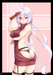 Rule 34 | 10s, 1girl, ahoge, aran sweater, arched back, arm up, artist name, ass, back, backless dress, backless outfit, bare arms, bare shoulders, black border, blush, border, box, breast hold, breasts, cable knit, closed mouth, drawstring, dress, fingernails, from behind, garter belt, garter straps, gift, gift box, holding, holding gift, large breasts, light purple hair, lips, long hair, looking at viewer, looking back, meme attire, nail, osafune kairi, panties, purple eyes, raised eyebrow, red panties, red sweater, senki zesshou symphogear, sideboob, sleeveless, sleeveless turtleneck, solo, sweater, thighhighs, thong, turtleneck, turtleneck sweater, twintails, underwear, valentine, very long hair, virgin killer sweater, yukine chris