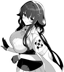 Rule 34 | 1girl, azuma (azur lane), azur lane, azur lane: slow ahead, blush, bra, breasts, closed mouth, gloves, greyscale, hair between eyes, half gloves, hori (hori no su), jacket, jacket on shoulders, lace, lace-trimmed bra, lace trim, large breasts, long hair, looking at viewer, monochrome, official art, see-through, sidelocks, simple background, skirt, smile, solo, underwear, very long hair, white background
