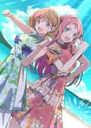 Rule 34 | 2girls, absurdres, ahoge, beach, blue eyes, blue sky, breasts, collared dress, country connection, dress, dutch angle, feet out of frame, floral print, fujiwaland, grey hair, highres, in-franchise crossover, long hair, looking at viewer, love live!, love live! nijigasaki high school idol club, love live! superstar!!, medium breasts, mole, mole under eye, multiple girls, nogizaka46, ocean, open mouth, parted bangs, red dress, short hair, short sleeves, sidelocks, sky, sleeveless, sleeveless dress, swept bangs, tang keke, teeth, trait connection, two side up, upper teeth only, white dress, wristband, zhong lanzhu