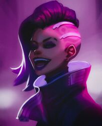 Rule 34 | 1girl, asymmetrical hair, black hair, bodysuit, bodysuit under clothes, close-up, earrings, eyebrow cut, eyeshadow, high collar, highres, jacket, jewelry, long hair, looking at viewer, makeup, open mouth, overwatch, overwatch 1, pink theme, portrait, purple eyes, purple eyeshadow, purple hair, purple lips, purple theme, sideways glance, simple background, smile, solo, sombra (overwatch), stud earrings, teeth, titanartx, tongue, undercut