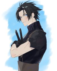 Rule 34 | 1boy, armor, bad id, bad twitter id, black gloves, blue eyes, crossed arms, ear piercing, final fantasy, final fantasy vii, final fantasy vii remake, gloves, high collar, highres, male focus, piercing, poi poifu, shoulder armor, simple background, smile, solo, star (symbol), suspenders, two-tone background, upper body, v, zack fair