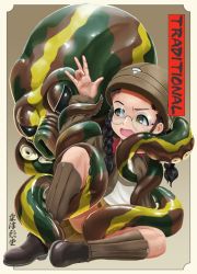 Rule 34 | 10s, 1girl, abazu-red, black hair, boots, braid, brown eyes, brown footwear, brown jacket, camouflage, chi-hatan military uniform, colored skin, commentary request, english text, fukuda haru, full body, girls und panzer, glasses, grimace, helmet, jacket, long hair, long sleeves, looking at another, military, military uniform, multicolored skin, open clothes, open jacket, open mouth, round eyewear, shirt, sitting, tentacles, translation request, twin braids, twintails, uniform, white shirt