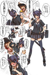 Rule 34 | 10s, 1boy, 1girl, admiral (kancolle), beard, black gloves, black hair, black thighhighs, blood, blush, breasts, clothes grab, eyepatch, facial hair, fingerless gloves, fumitan (humitan), gloves, hat, headgear, kantai collection, large breasts, looking at viewer, military, military uniform, necktie, open mouth, partially fingerless gloves, personification, punching, purple hair, school uniform, short hair, skirt, smile, sword, tears, tenryuu (kancolle), thighhighs, translation request, uniform, weapon, yellow eyes, zettai ryouiki