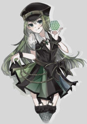 Rule 34 | 1girl, alina gray, black bow, black hat, black necktie, black thighhighs, black vest, bow, brooch, chain, clothes lift, collar, cross tie, cube, detached collar, fishnet thighhighs, fishnets, fur-trimmed thighhighs, fur cuffs, fur trim, garter straps, green eyes, green hair, grey background, hair between eyes, hat, highres, jewelry, lapels, lifted by self, long hair, looking at viewer, magia record: mahou shoujo madoka magica gaiden, magical girl, mahou shoujo madoka magica, miniskirt, multicolored clothes, multicolored hair, multicolored skirt, necktie, notched lapels, peaked cap, pleated skirt, puffy short sleeves, puffy sleeves, rrr 0704 matu, see-through, see-through sleeves, short sleeves, sidelocks, simple background, skirt, skirt lift, sleeve cuffs, smile, solo, streaked hair, striped clothes, striped skirt, thighhighs, tongue, tongue out, v-neck, vertical-striped clothes, vertical-striped skirt, very long hair, vest, waist bow, white collar, white sleeves