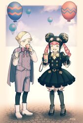 Rule 34 | 1boy, 1girl, ace attorney, aircraft, amemomism, balloon, bandaged head, bandages, black headwear, black jacket, black pantyhose, black skirt, blonde hair, blue eyes, blue sky, blunt bangs, boots, bow, cape, closed eyes, cloud, cup, double bun, drill hair, drinking, facing viewer, full body, goggles, goggles on head, grey cape, grey pants, grey vest, hair bun, hands up, highres, holding, holding balloon, holding cup, holding thermos, hot air balloon, iris wilson, jacket, long hair, long sleeves, open mouth, outdoors, pants, pantyhose, pink hair, polka dot, polka dot bow, red bow, shoes, short hair, skirt, sky, smile, standing, the great ace attorney, the great ace attorney 2: resolve, twintails, vest, white footwear, wilhelm gottsreich sigismond ormstein, yellow bow