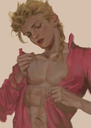 Rule 34 | 1boy, abs, blonde hair, braid, collarbone, commentary request, danart14020, dressing, earrings, eyelashes, giorno giovanna, hand up, highres, jacket, jewelry, jojo no kimyou na bouken, lips, long hair, long sleeves, male focus, navel, nipples, parted lips, pectorals, pink jacket, realistic, simple background, solo, toned, toned male, vento aureo