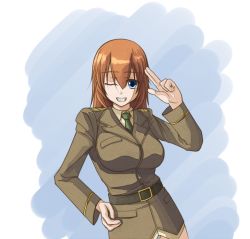 Rule 34 | 1girl, amder, bad id, bad pixiv id, blue eyes, brown hair, charlotte e. yeager, military, military uniform, one eye closed, panties, solo, strike witches, underwear, uniform, wink, world witches series