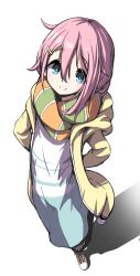 Rule 34 | 1girl, absurdres, ahoge, arms behind back, asymmetrical hair, black skirt, blue dress, blue eyes, checkered clothes, checkered skirt, closed mouth, commentary request, dress, from above, full body, green scarf, hair between eyes, hair ornament, hairpin, highres, hood, hoodie, kagamihara nadeshiko, layered dress, light, long skirt, long sleeves, looking at viewer, looking up, multicolored clothes, multicolored dress, multicolored scarf, n2midori, open clothes, open hoodie, orange scarf, pink hair, scarf, shadow, shoes, simple background, skirt, smile, sneakers, solo, striped clothes, striped dress, striped scarf, white background, white dress, yellow hoodie, yurucamp, zipper
