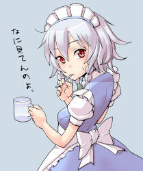 Rule 34 | 1girl, aosode, braid, cup, female focus, grey background, izayoi sakuya, looking at viewer, maid, maid headdress, red eyes, solo, touhou, translated, twin braids, white hair