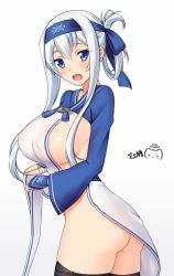 Rule 34 | 1girl, :d, ainu clothes, artist name, ass, blue eyes, blue headband, blush, breasts, cropped jacket, folded ponytail, hair between eyes, headband, huge breasts, kamoi (kancolle), kantai collection, large breasts, long hair, long sleeves, looking at viewer, open mouth, ppshex, puffy nipples, sideboob, silver hair, smile, solo, standing, white background