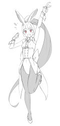 Rule 34 | 1girl, :d, animal ears, arm up, armpits, bare shoulders, blush, bow, bowtie, collared shirt, covered navel, fang, full body, greyscale, high heels, high ponytail, highres, leg up, leotard, long hair, looking at viewer, monochrome, open mouth, original, pantyhose, ponytail, rabbit ears, red eyes, saiste, shirt, shoes, simple background, sleeveless, sleeveless shirt, smile, solo, spot color, standing, standing on one leg, tailcoat, v, very long hair, white background, wrist cuffs