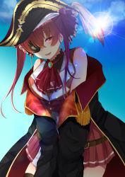 Rule 34 | 1girl, absurdres, bandana, belt, bicorne, black jacket, breasts, brooch, cloud, cowboy shot, eyepatch, hair ribbon, hat, highres, hololive, houshou marine, iwashi (wasii 91), jacket, jewelry, large breasts, long hair, looking at viewer, midriff, navel, off shoulder, open mouth, pirate, pirate hat, red eyes, red hair, red ribbon, red skirt, ribbon, sidelocks, skirt, sky, smile, solo, sunlight, twintails, virtual youtuber