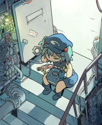 Rule 34 | 1girl, blue eyes, blue footwear, blue gloves, blue hair, blue hat, boots, door, dutch angle, from above, game console, gamecube, gloves, goggles, hair bobbles, hair ornament, hat, highres, industrial pipe, interior, kawashiro nitori, key, moyazou (kitaguni moyashi seizoujo), nintendo, pouch, repairing, shadow, sitting, sleeveless, solo, stairs, sweat, touhou, twintails, two side up, unworn goggles, wrench