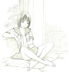 Rule 34 | 1girl, barefoot, bob cut, monochrome, original, school uniform, short hair, sitting, sketch, solo, traditional media, yoshitomi akihito