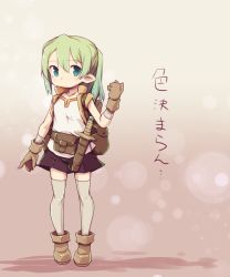 Rule 34 | 1girl, arm up, backpack, bag, belt, black shorts, boots, dagger, elf, green eyes, green hair, knife, long hair, original, pointy ears, ponytail, pouch, sheath, sheathed, shirt, short shorts, shorts, solo, thighhighs, weapon, white shirt, white thighhighs, yoshi (crossmind)