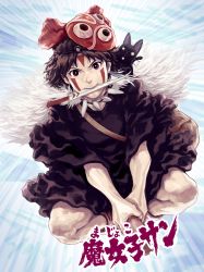 Rule 34 | 1girl, absurdres, black dress, black hair, broom, broom riding, brown eyes, cat, circlet, cloak, company connection, cosplay, creature, crossover, dress, fur cloak, highres, jewelry, kiki (majo no takkyuubin), kiki (majo no takkyuubin) (cosplay), knife in mouth, looking at viewer, majo no takkyuubin, mask, mask on head, mononoke hime, mouth hold, necklace, parody, sakkan, san (mononoke hime), solo, tooth necklace, wide-eyed