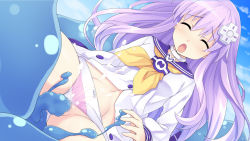 Rule 34 | 10s, 1girl, blush, censored, closed eyes, clothing aside, d-pad, female ejaculation, female focus, female orgasm, hair ornament, highres, long hair, mosaic censoring, nepgear, neptune (series), orgasm, panties, panties aside, purple hair, pussy juice, slime, solo, striped clothes, striped panties, tagme, tentacles, underwear, vaginal, wince