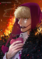 Rule 34 | 1boy, artist name, black coat, blonde hair, cigarette, coat, commentary, donquixote rocinante, english commentary, fire, fur coat, heart, highres, holding, holding heart, hood, hood up, kazuo hogo, makeup, male focus, one piece, red hood, short hair, smoke, smoking, solo, teeth